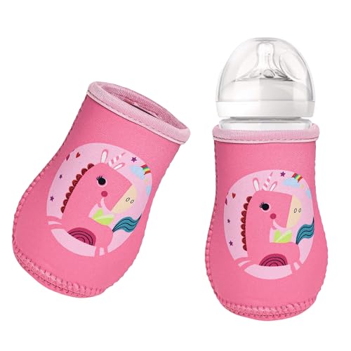 Image of THE LITTLE LOOKERS Cute Animated Patterned Soft Stretchable Baby Bottle Cover I Baby Feeding Bottle Cover for 125ml, 150ml to 240ml (Pink, Pack of 1)