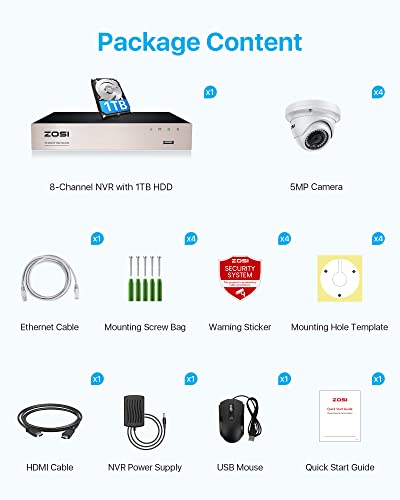 Zosi 8Ch 5Mp Poe Home Security Camera System Outdoor With 1Tb Hard Drive,H.265+ 5Mp Cctv Nvr,4Pcs Wired 5Mp Indoor Outdoor Poe Ip Dome Cameras,80Ft Night Vision,Remote Access For 24/7 Recording #TOP7
