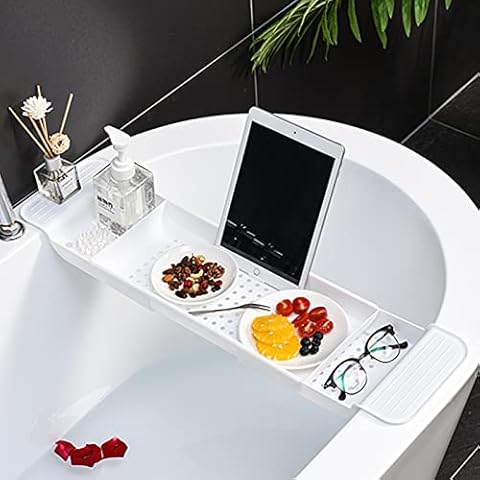 WINGSIGHT Bathtub Tray Expandable Bath Caddy Storage Rack Multifunctional Bathtub Tub Organizer for Deposit Wash Supplies,Book,Wine,Phone,Bathroom,Shower (White) Cover