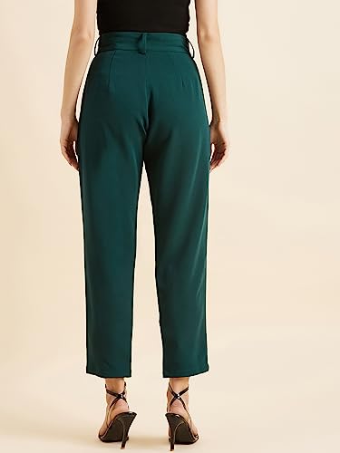 Image of PANIT Women Green Relaxed Straight Fit High-Rise Wrinkle Free Pleated Trousers