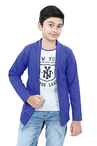 Image of Boy's Cotton White Printed T-Shirt with Blue Jacket Shrug