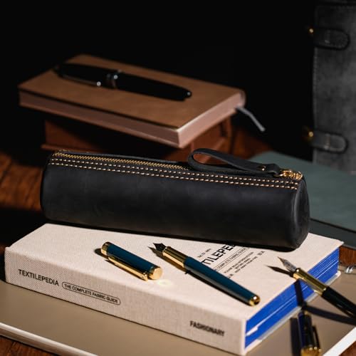 Image of ECHSRT Genuine Leather Pencil Pouch, Classic Cylinder Pen Bag - Black | Full-Grain Cowhide Leather, Crazy Horse Finish, Single Zipper, Vintage Pen Organizer for Adults