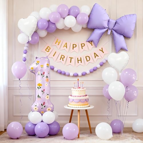 40inch Purple Number 1 Foil Balloon Set, Daisy Flower 1st Birthday Party Balloons Bow Heart-shaped Balloons for Girls’ First Princess Birthday Party Decorations Supplies (Light Purple Number 1) image 5