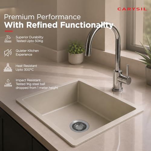 Image of Carysil MAGIC SALSA PRO Quartz Kitchen Sink 18 x 16 x 8 inches, Single Bowl, 80% Quartz & 20% Resin, Heat Resistant 300C, 50kg Load, Scratch & Stain Resistant, Granite Sink, SS Coupling - Champagne