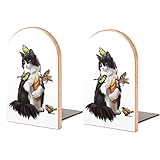 Serre-livres en bois antidérapant avec motif chat mignon qui mange les oiseaux