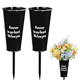 Metal Cemetery Vases, 2 Pcs Metal Grave Memorial Grave Vases with Stakes Graveside Flower Holder Grave Flower Vase for Grave Outdoor Lawn Yard Funeral Decorations (Black)