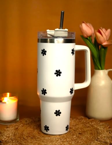 Image of 1200ML Stainless Steel Tumbler Hot and Cold with Handle and Lid and 2 Straws, Double Insulated Cup Leak Proof Mug Cupholder for Gym, Travelling (Off White)