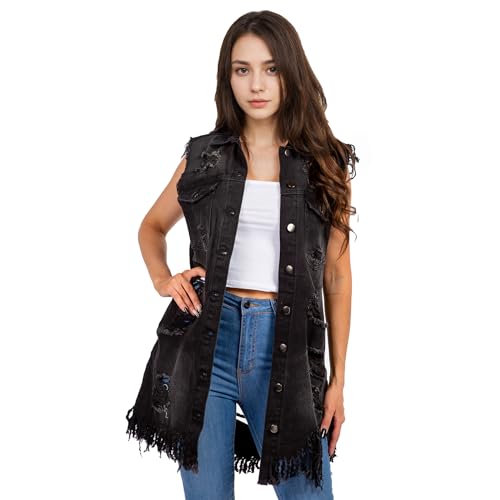Songling Women's Distressed Ripped Sleeveless Mid Long Denim Jacket Jean Vest Cardigan Coats