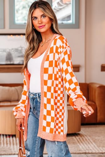 MARZXIN Womens Cardigans Orange Checkered Open Front Drop Shoulder Cardigan3