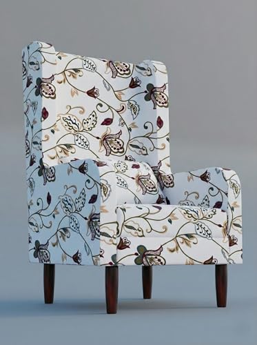 Image of Wooden Wing Chair with Ottoman Stool | Wingback for Living Room | High Density Foam | Accent Chair for Seating, Home Decor Furniture | (Ivory Vine, with Ottoman)