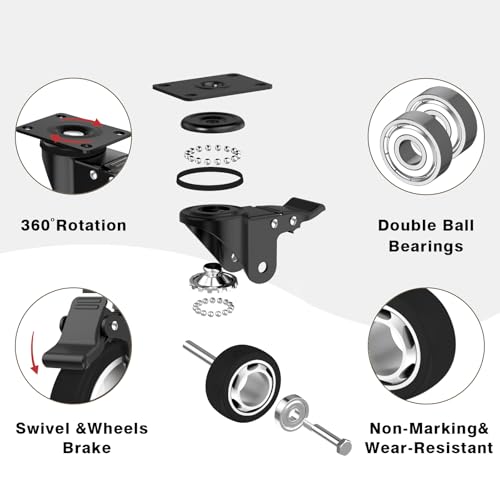 Roues à roulettes,3 Ensemble de roulettes de pouce 4 Grossesse avec frein, sans marques de plancher Roulettes de verrouillage silencieux avec polyuréthane (PU) Roues, Roulettes en plaques pivotantes 4