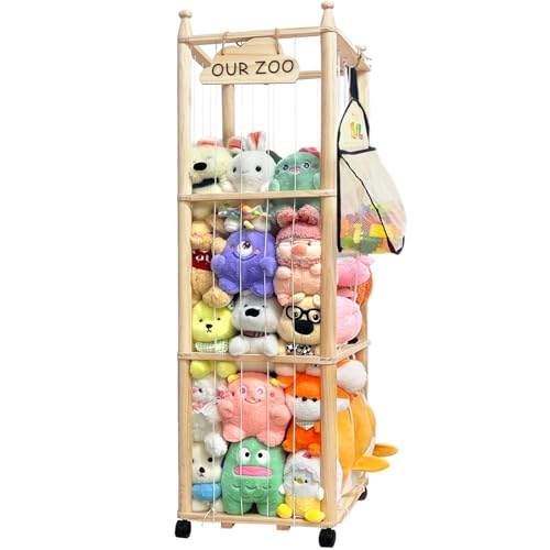 Pmbqifay Stuffed Animal Storage/Organizer Cute Wooden Stuffed Animal Zoo Storage Plush Toy Holder Cage for Nursery Toddler Rooms,Playrooms & Bedrooms with Toy Storage Bags for Building Blocks,Puzzle
