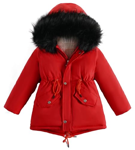 Maeau Girls Long Parka Winter Coat Thick Warm Puffer Jacket with Faux Fur Hood Fleece Lined Parka Padded Overcoat with Pockets Solid Red 9-10 Y