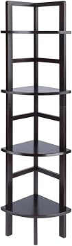 Pemberly Row Corner Solid Wood Baker's Rack, Coffee Finish, 4-Shelf Storage, 63.58 H x 13.86 W x 13.86 D, Space-Saving Transitional Design for Kitchen, Living Room, Dining Room, or Bathroom Use