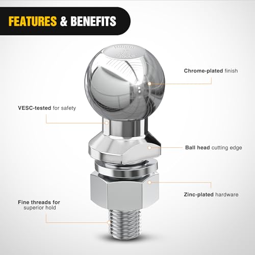 Image of Nilight 2-Inch Diameter Chrome Trailer Hitch Ball, 7,500 lbs, 1 x 2-1 /8-Inch Shank Universal Fit,Gray