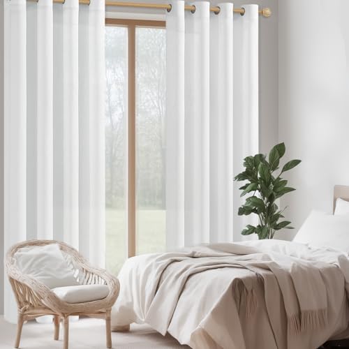 CUTEWIND Vorhänge Weiss mit Ösen Leinenoptik für Wohnzimmer Schlafzimmer, Vorhang Weiß Halbtransparent Leinen Gardinenschals 2er Set, 240 cm Lang, 140 cm Breit, Curtains Bedroom