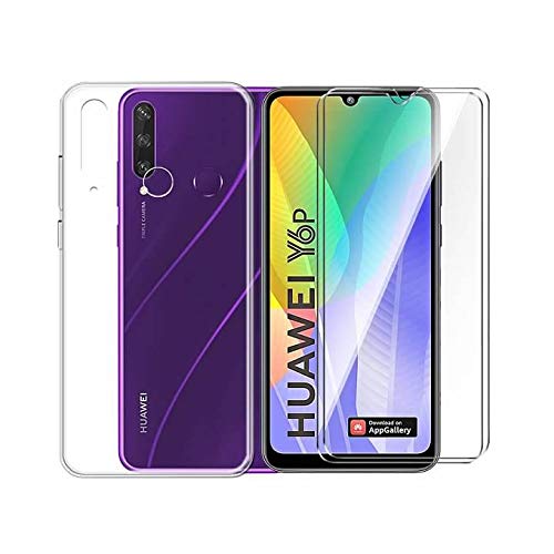 QFSM Transparente Funda + Cristal Templado para Huawei Y6P 2020 (6.3), Shell Silicona Carcasa Suave TPU Case Cover y 9H Dureza Duradera Protectora Pantalla Glass Film Protector -Clear