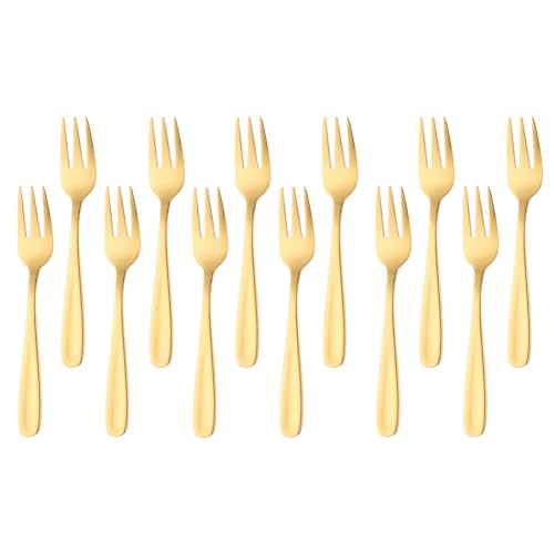 SBOMHS 12 forchette da dessert in acciaio inox, forchette da frutta, piccola forchetta per matrimoni, torte, tè, 13,6 cm, lunghezza 5,35 pollici (oro)