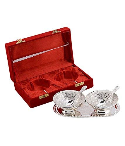 Image of Bowl Spoon Tray Set Silver Plated Dessert Dry Fruits Serving Diwali Christmas Eid Wedding Return Gifts Friends Family Housewarming Home Decoration Corporate (Silver)