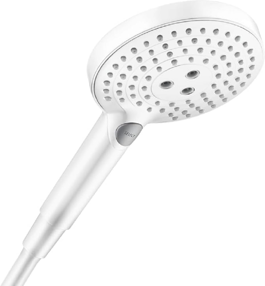 Raindance Select S Shower Head, Hand Shower with 3 Jet Types (Including PowderRain), Round Shower Head (Diameter 120 mm), Shower Head with Anti-Limescale Function, Matt White