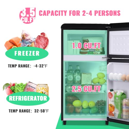 Image of DEMULLER 100L Black Mini Fridge 2 Door Compact Refrigerator with Freezer, Small Refrigerator with 7 Adjustable Temperature Control, 2 Removable Glass Shelves and 1 Crisper Drawer