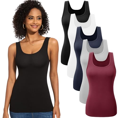 TVKSOM 5 Pack Basic Tank Tops for Women Undershirt Ribbed Sleeveless Casual Basic Tanks Top