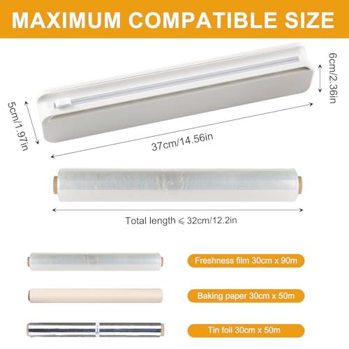 Pizsieat Frischhaltefolienspender,Frischhaltefolie Schneider 37x6x5cm Folienschneider Küche mit 12 Abgerundete Saugnäpfe für Plastikfolie & Aluminiumfolie(Weiß)