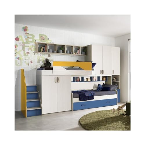 Camere da letto Cameretta soppalco con 3 letti colore kiri avio e giallo - Milly