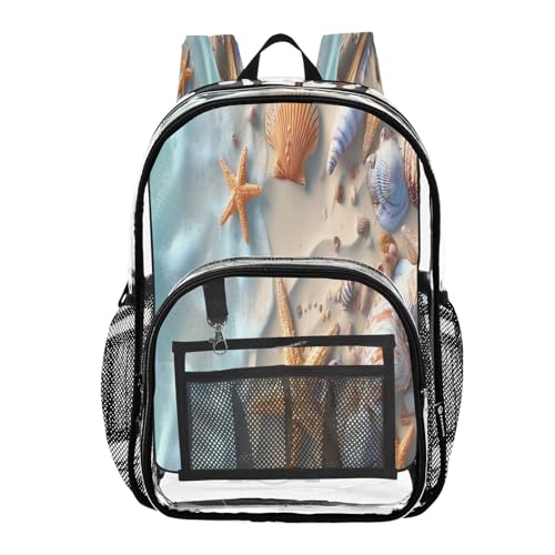 Seashell Starfish Beach Sea Wave Clear Backpack Heavy Duty See Through Transparent PVC BookBag for Kids Boy Girl School Work