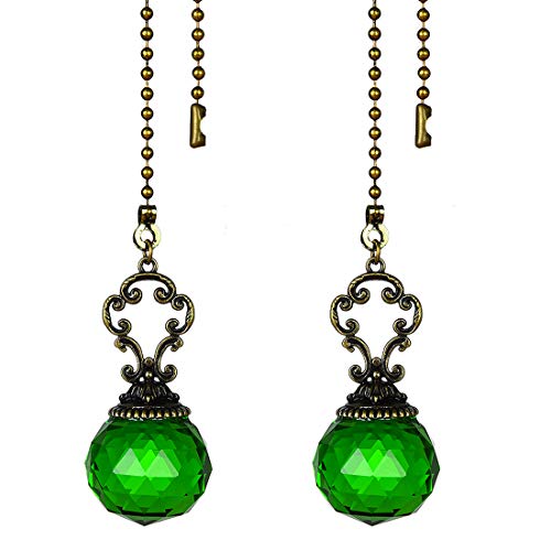 Image of Set of 2 Vintage-Style Green Fan Pull Ceiling Fan Chain Pulls Crystal Prism Ball