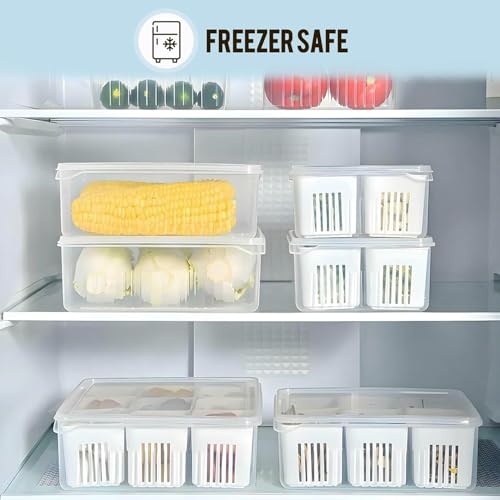 Image of VYOOx Fridge Storage Box with Lid & 4 Compartments | Refrigerator Organizer Basket for Fruits, Vegetables, Onion, Garlic & Herbs | Plastic Food Storage Container for Kitchen & Fridge