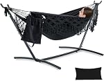 PNAEUT Hamacs de Tassel faits à la main, double hamac avec support pour l'extérieur intérieur, Max 450 Capacité, Oreiller & Sac de rangement inclus (Noir)