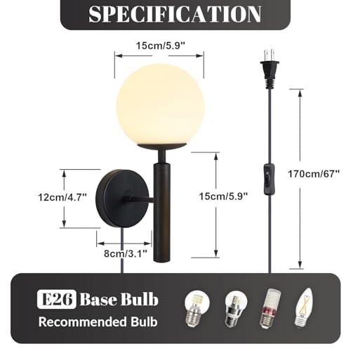 Image of KCO Lighting Plug in Wall Sconce Light Black Vintage Industrial Wall Light White Glass Shade Bedside Wall Lamp for Bedroom Stairs Hallway(Black Plug in)