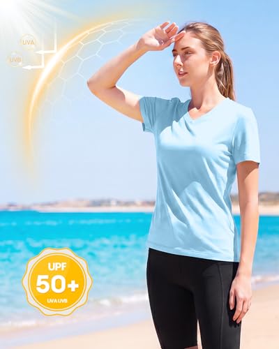 Image of Runhit Womens Workout Tops Short Sleeve UPF 50+ Athletic Sun Shirts Quick Dry V Neck T-Shirt Moisture Wicking Gym Hiking Tee