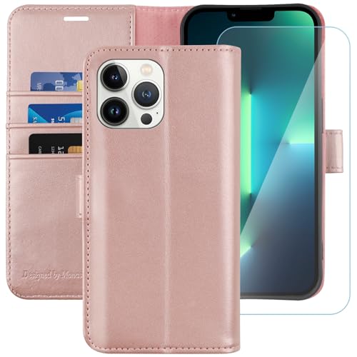 Étui portefeuille iPhone 13 Pro or rose en cuir chic avec blocage RFID protecteur