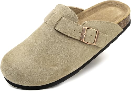 VENECORE Luna Women’s Clogs Suede Cork Footbed Sandals Adjustable Buckle Slip On Leather Mules Comfort House Shoes Indoor Outdoor, Light Brown, US 10M