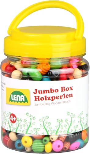 Lena Bastelset, Jumbo Box Holzfädelperlen, bunte Holzperlen zum Auffädeln mit Fädelschnüren, bunt sortiert, ideal zum Basteln von Armbändern & Ketten, geeignet für Kinder ab 4 Jahren