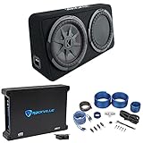 Kicker 48TCWRT122 COMPRT12 12' 1000w Slim Subwoofer with Box Bundle with Rockville dB12 2000w Peak/500w RMS Mono 2 Ohm Amplifier Car Amp & Rockville RWK41 Amp Wiring Installation Wire Kit (3 Items)