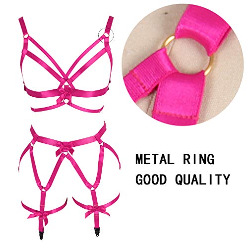Full Body Harness Bra Women's Chest Strap Lingerie Cage Set Leg Garter Belt Festival Rave Plus Size Goth Punk Stretchy Fabric (Rose Red) #TOP4