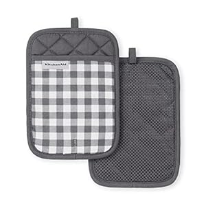 KitchenAid Gingham Pot Holder 2-Pack Set, Charcoal Grey, 7″x10″