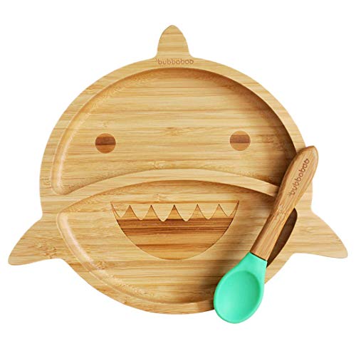 Bubbaboo Ensemble assiette et cuillère en bambou avec ventouse Motif requin Vert Cover