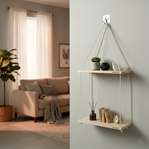 Image of No-Drill 2-Tier Wall Hanging Shelf | Elegant Boho Wall Decor for Plants and Home Decoration, Living Room, Bedroom & Balcony | Handwoven Art Piece
