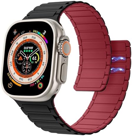 Magnetic Watchband Compatible with Apple Watch Ultra/Ultra2 49mm/Series 9/8/7/6/5/4/3/2/1/SE 42/44/45mm,Soft Silicone Strap Strong Magnet Link Solo Loop Adjustable Replacement Wristband, Black/Red