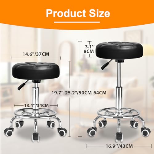 Image of Rolling Stool PU Leather Round - Ultra Soft Padded Seat Cushion Stool with Wheels with Footrest, Weight Capacity 300lb,Adjustable Height Stool for Tattoo Massage Salon Medical Spa Center (Jet Black)