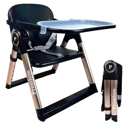 Trona Portátil Plegable Premium para Bebé 2 en 1, Elevador de Silla con Correas de Fijación, 4 Alturas, Bandeja Extraíble, Bolsa de Transporte, 6 36 Meses, hasta 15 kg (NEGRA + DORADO)