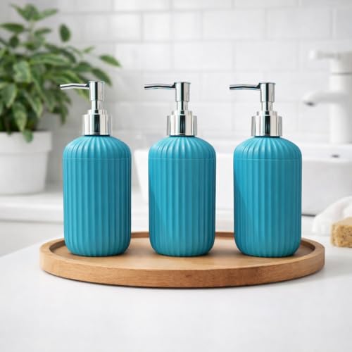 Image of LAGET 300ml Soap Dispenser for Wash Basin - Plane Ribbed Design | Kitchen and Bathroom Accessories Items | Refillable Handwash Dispenser Bottle- Set of 3 (Blue)