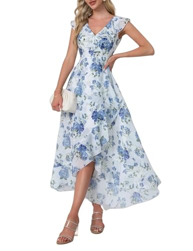Womens V Neck Floral Print Ruffle Maxi Party Dress A-Line Summer High Low Flowy Wedding Guest Cocktail Dress