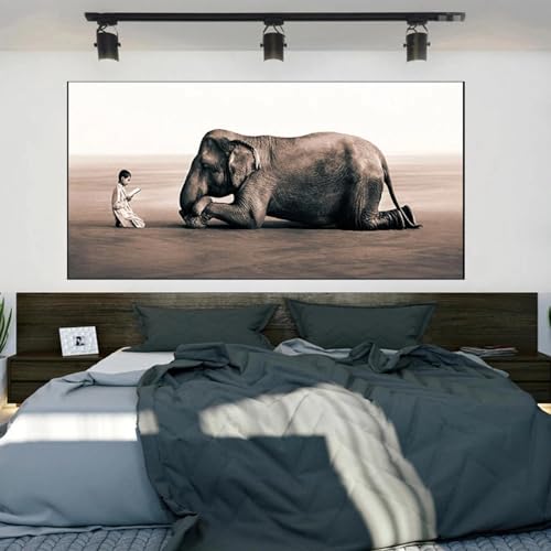 Affiche d'éléphant africain grand format 70x140 cm sur toile avec cadre