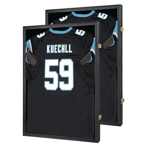 IHEIPYE Jersey Frame Display Case Shadow Box 2 Pack - Lockable with UV Protection Acrylic and Hanger for Baseball Basketball Football Soccer Hockey 2XL Sport Shirt and Uniform - Black