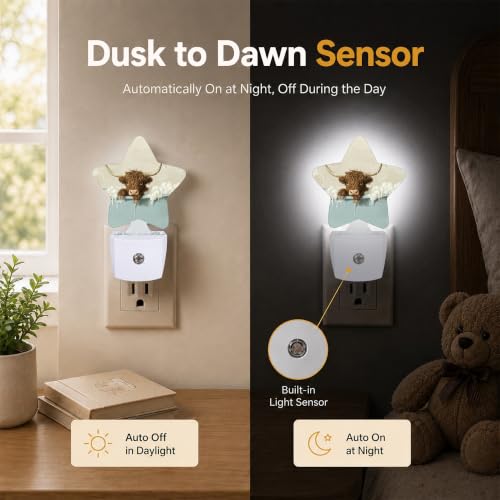 Image of Star Night Light with Dusk to Dawn Sensor, Cute Highland Cow Plug in Night Light for Kids Bedroom Nursery, Soft Warm Glow Lamp for Hallway Bathroom Energy Saving
